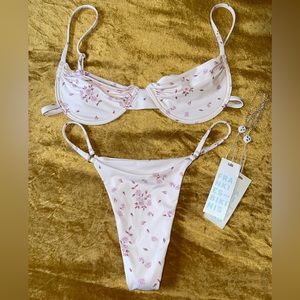 Frankie’s bikini, Maggie top and Sara bottoms in color sweet rose.